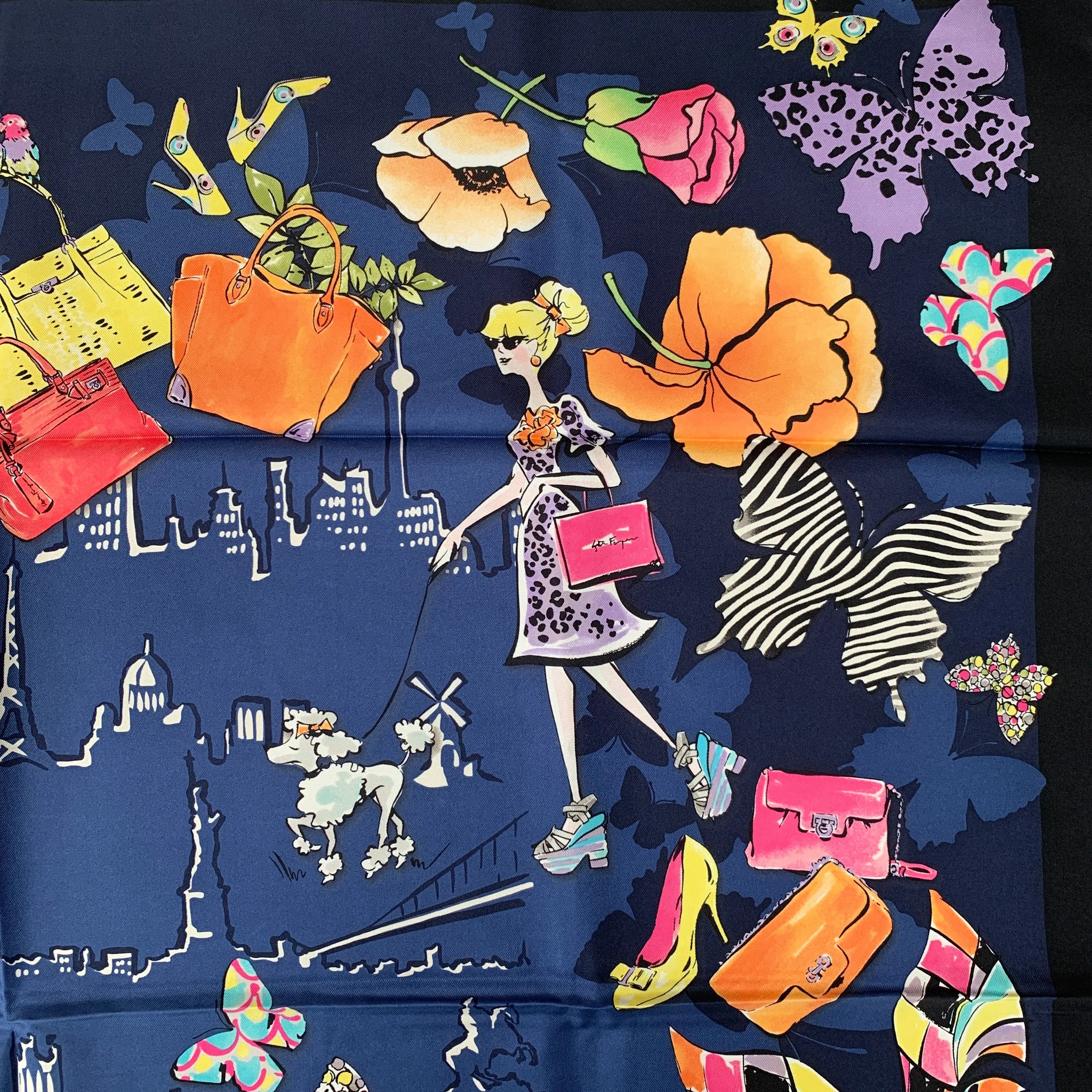Salvatore Ferragamo Floral City Girl Dolly Silk Scarf in Blue