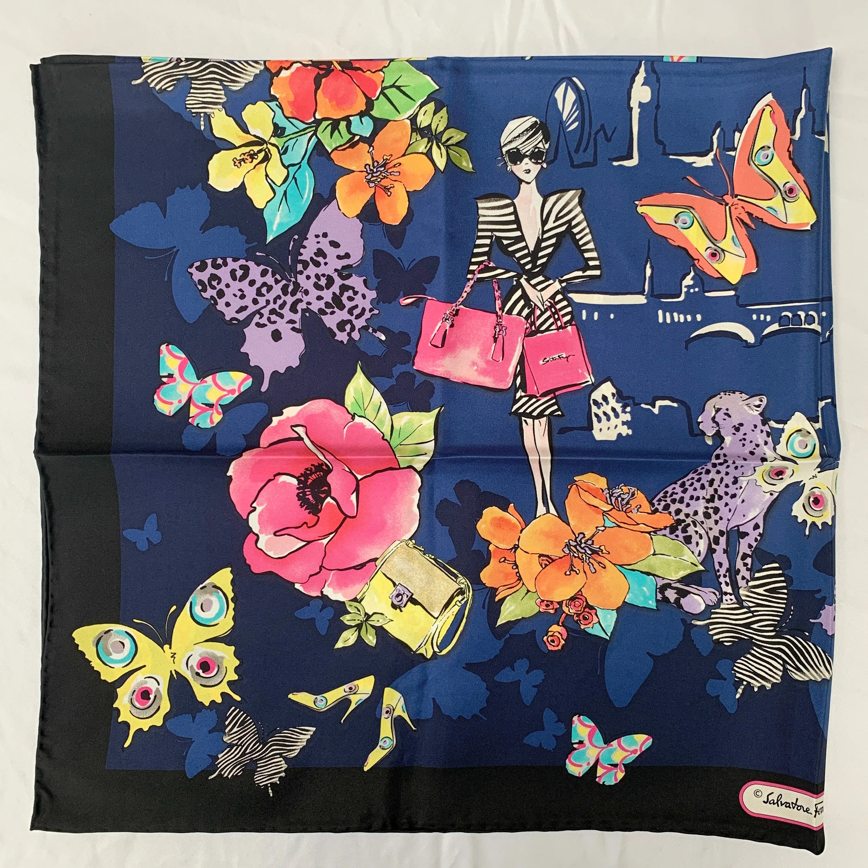 Salvatore Ferragamo Floral City Girl Dolly Silk Scarf in Blue