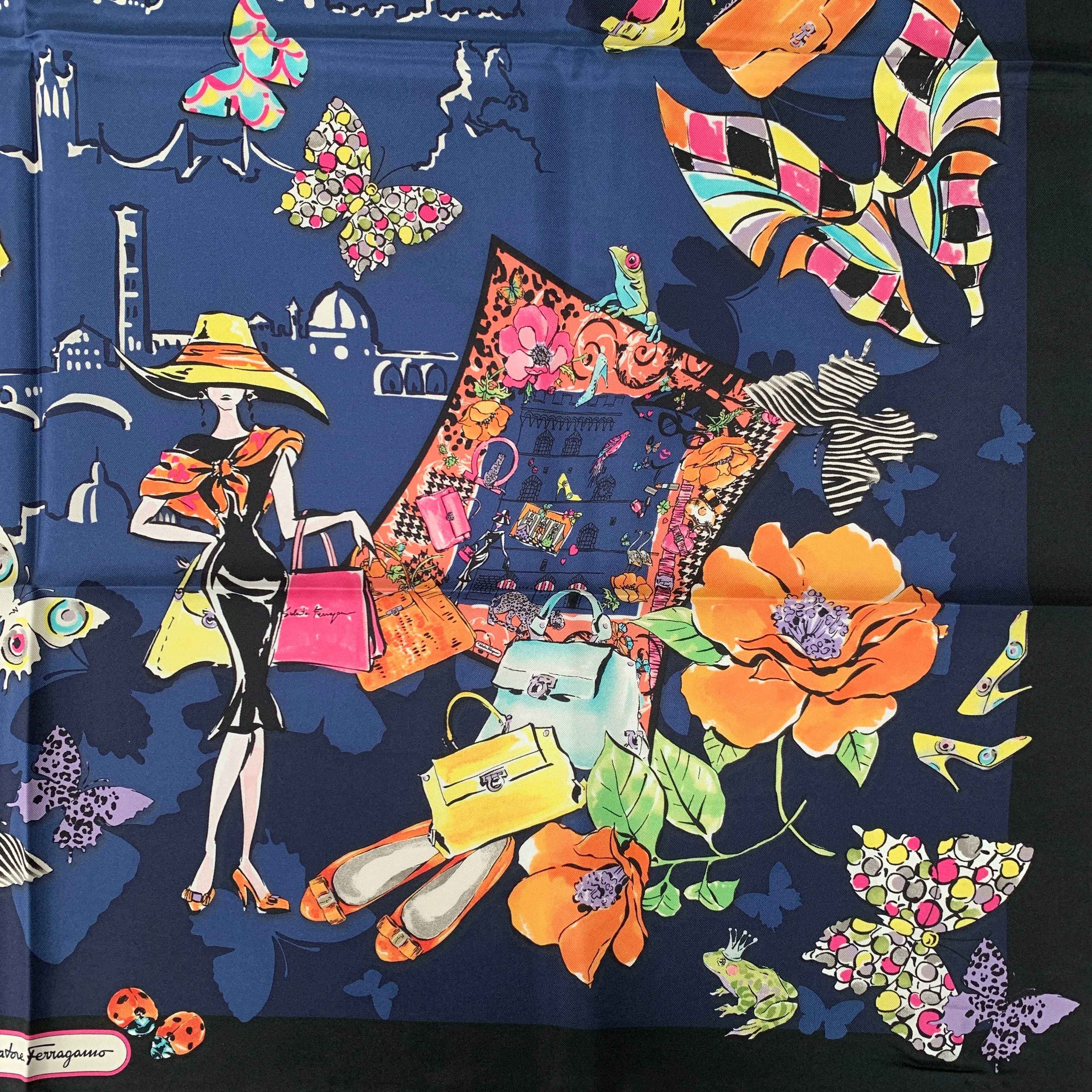 Salvatore Ferragamo Floral City Girl Dolly Silk Scarf in Blue