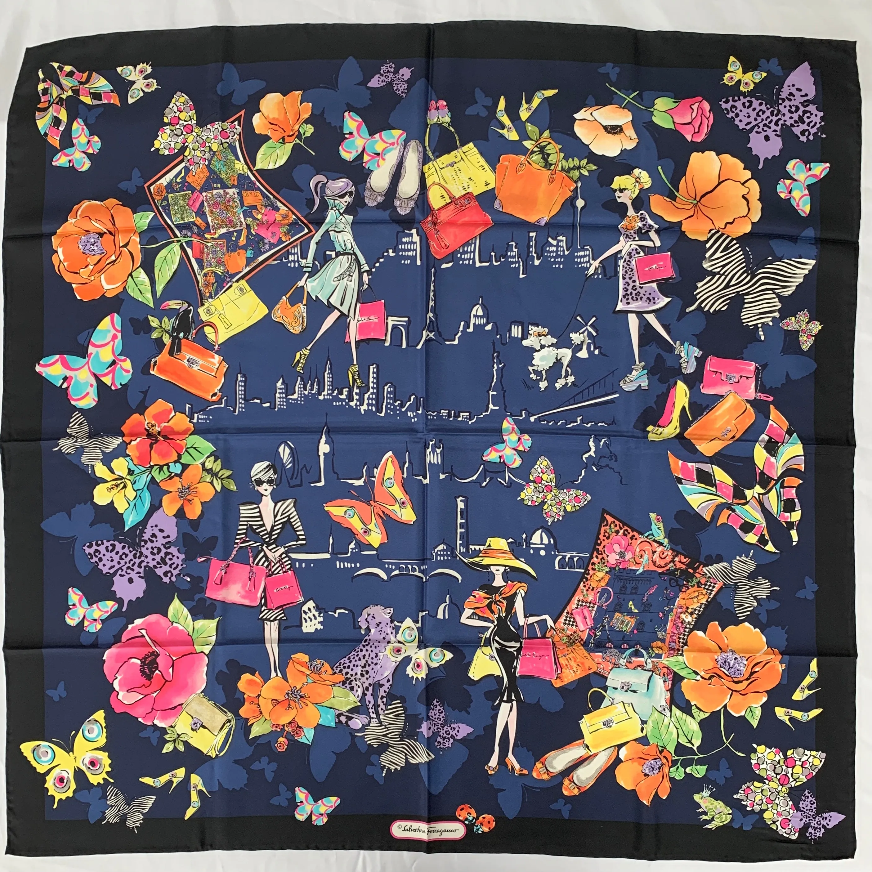 Salvatore Ferragamo Floral City Girl Dolly Silk Scarf in Blue