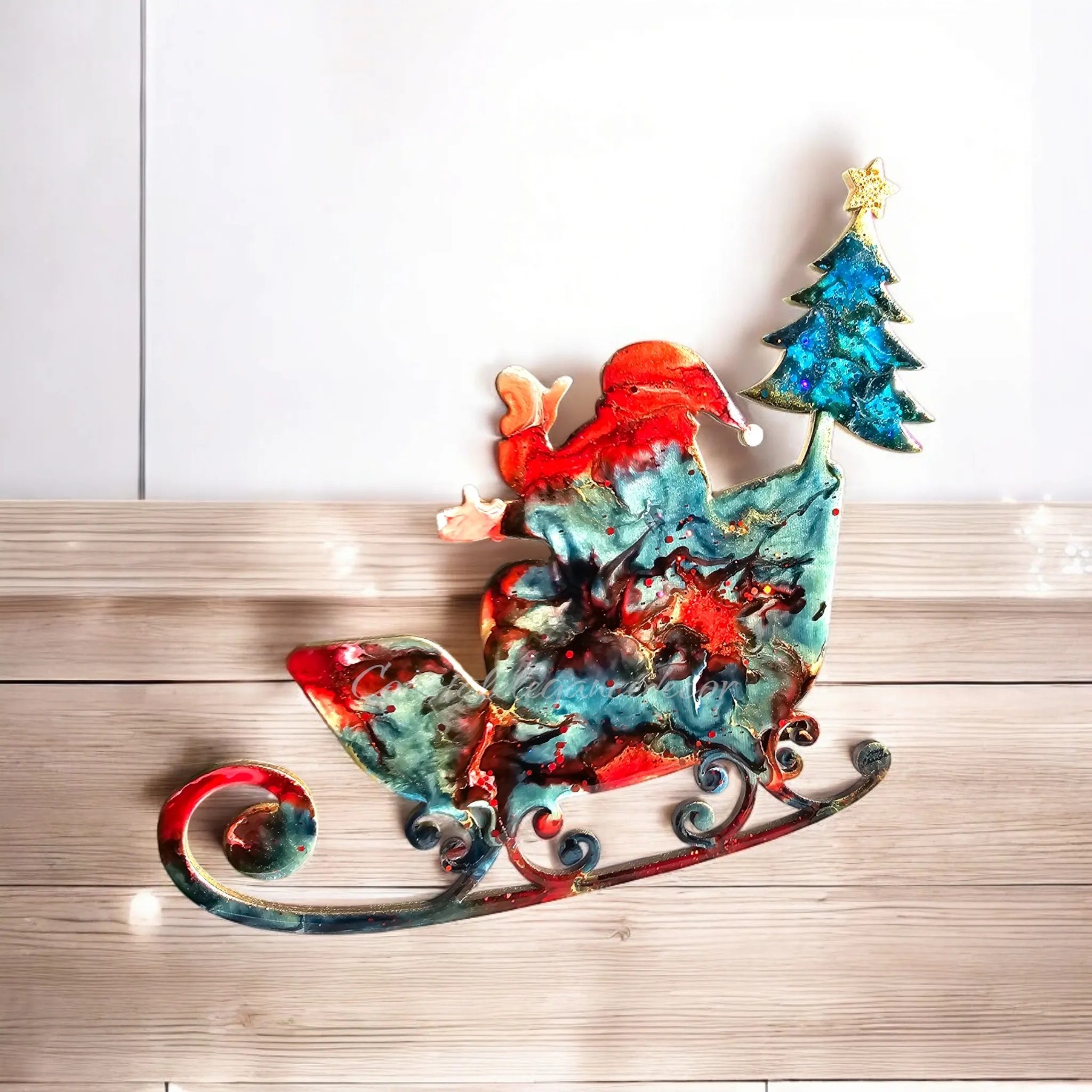 Santa in Sleigh with Christmas Tree Contemporary Handmade Wall Christmas Decoration Blue and Red
