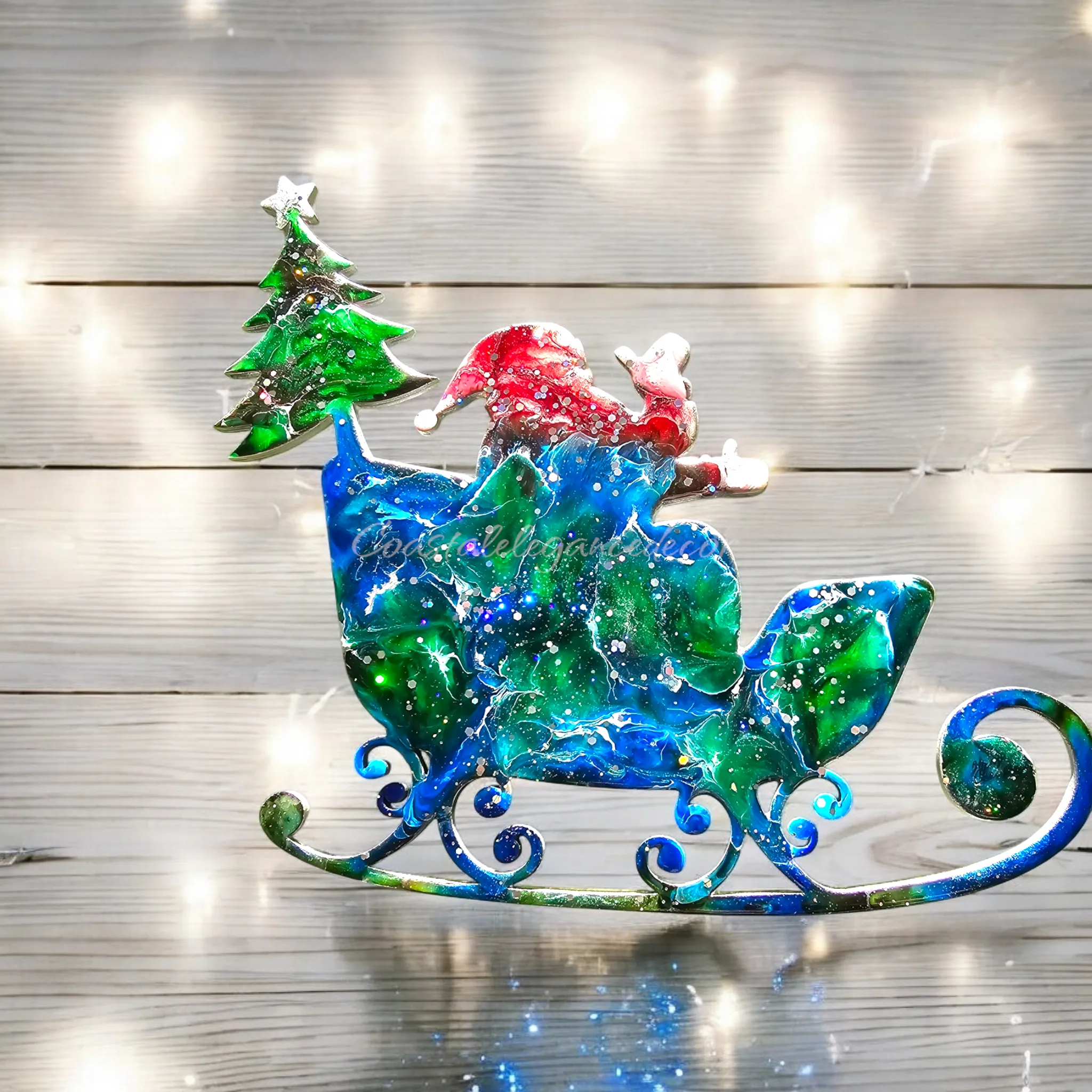 Santa in Sleigh with Christmas Tree Contemporary Handmade Wall Christmas Decoration Blues Greens