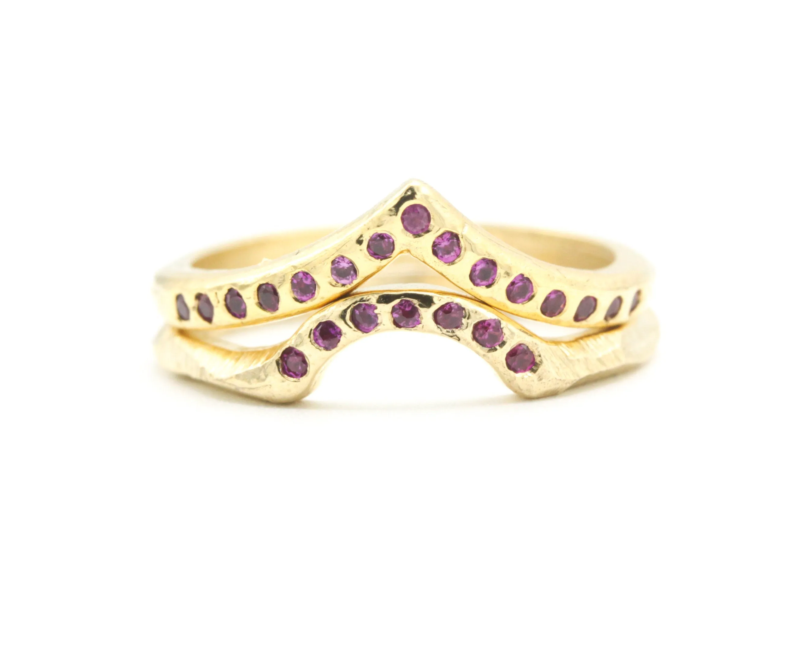 Set of 2 14k gold with geometric ring and tiny 7 ruby set with 14k gold with wood texture band ring with tiny 15 ruby on the center