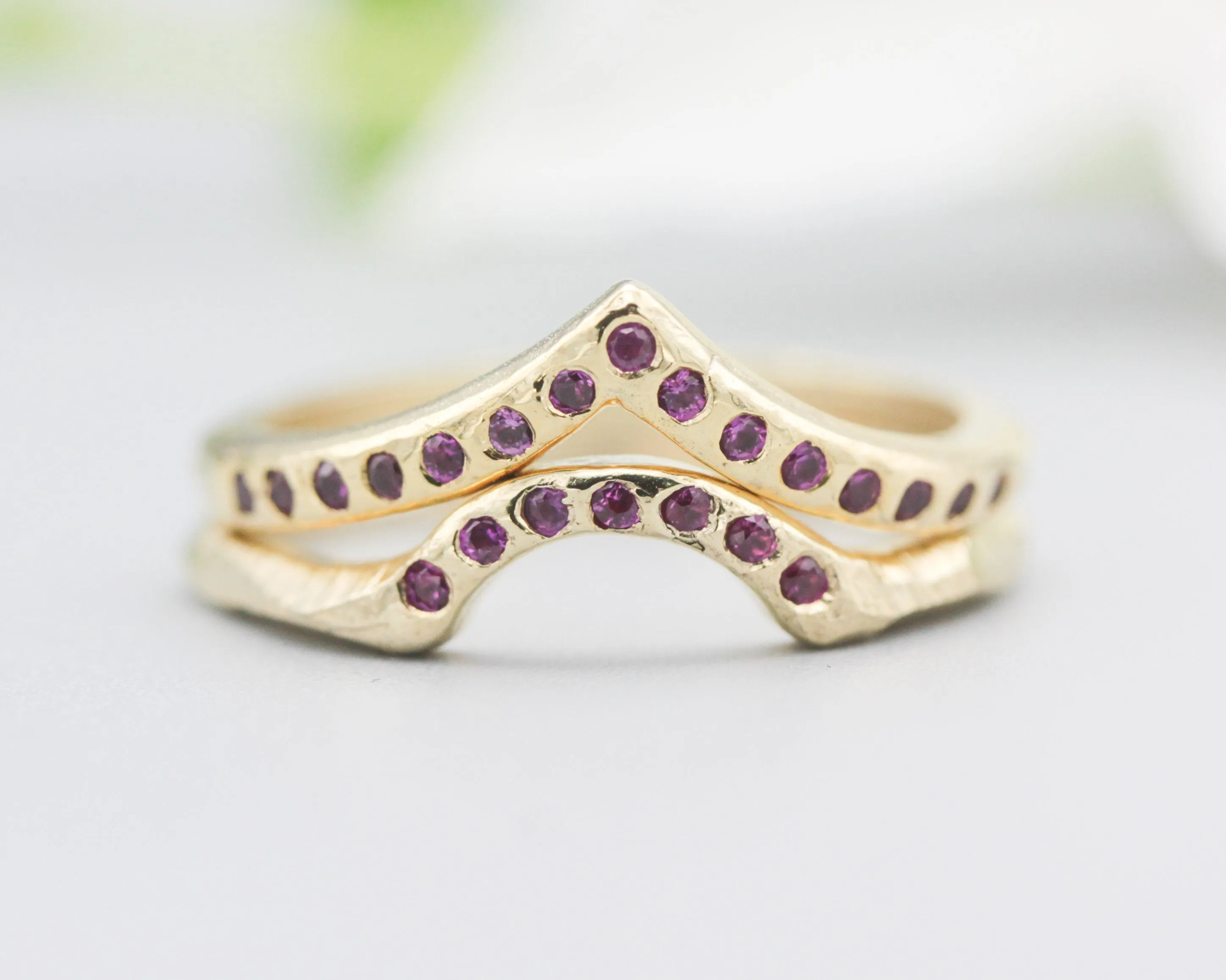 Set of 2 14k gold with geometric ring and tiny 7 ruby set with 14k gold with wood texture band ring with tiny 15 ruby on the center