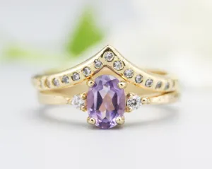 Set of 2 Oval amethyst ring and diamond side set in prongs setting with 14k gold band set with 14k gold band ring and tiny 15 diamond