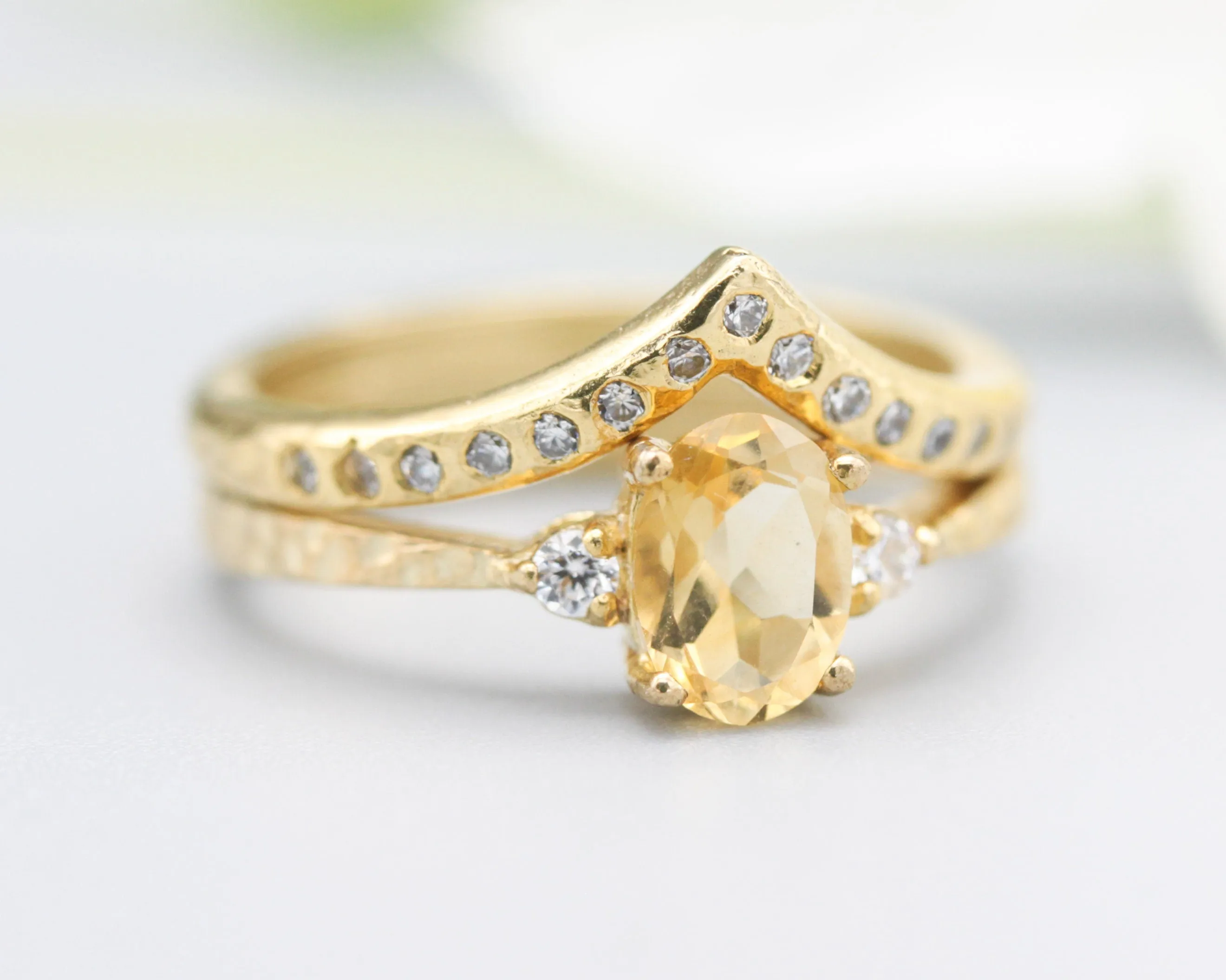 Set of 2 Oval Citrine ring and diamond side set in prongs setting with 14k gold band set with 14k gold band ring and tiny 15 diamond