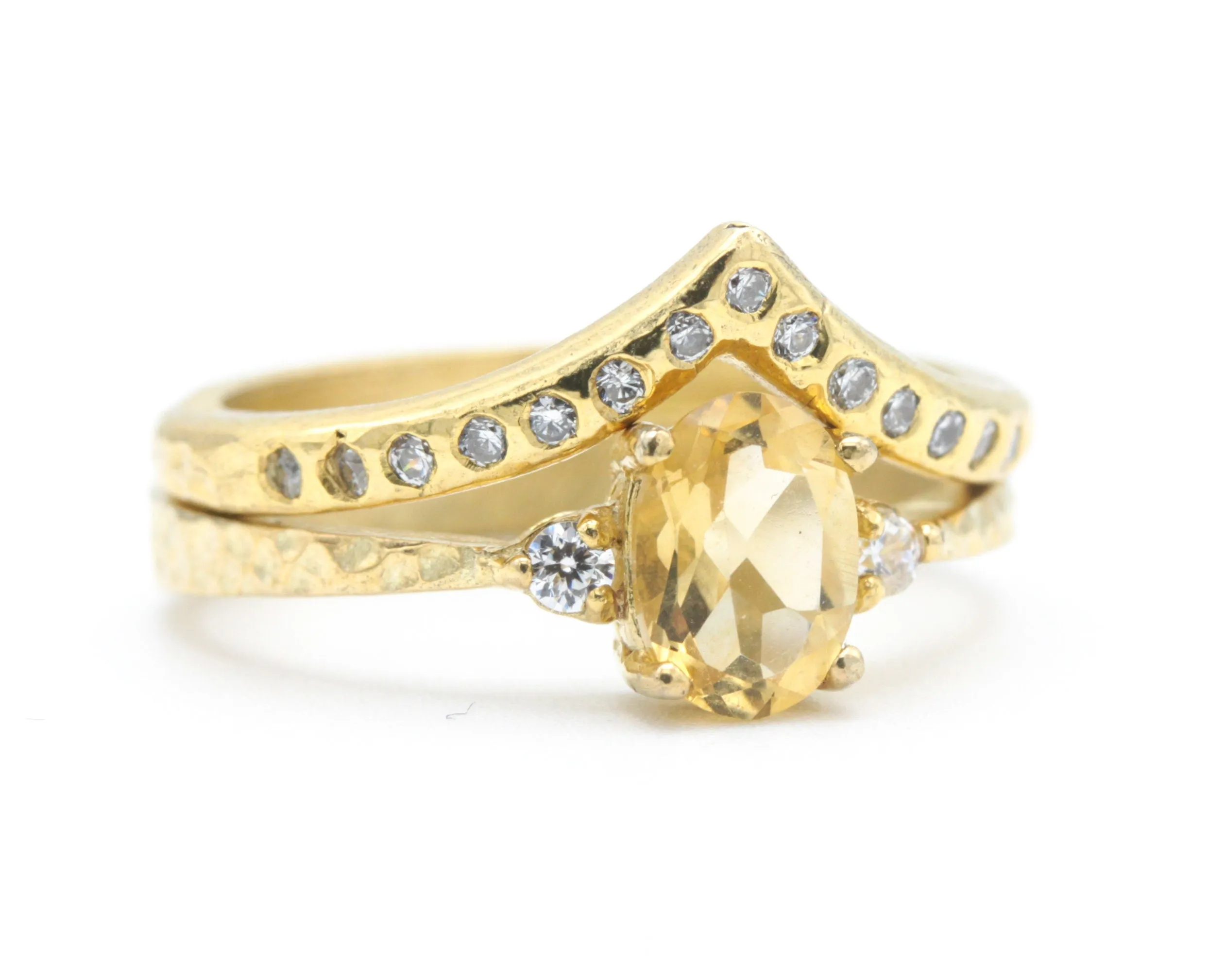 Set of 2 Oval Citrine ring and diamond side set in prongs setting with 14k gold band set with 14k gold band ring and tiny 15 diamond