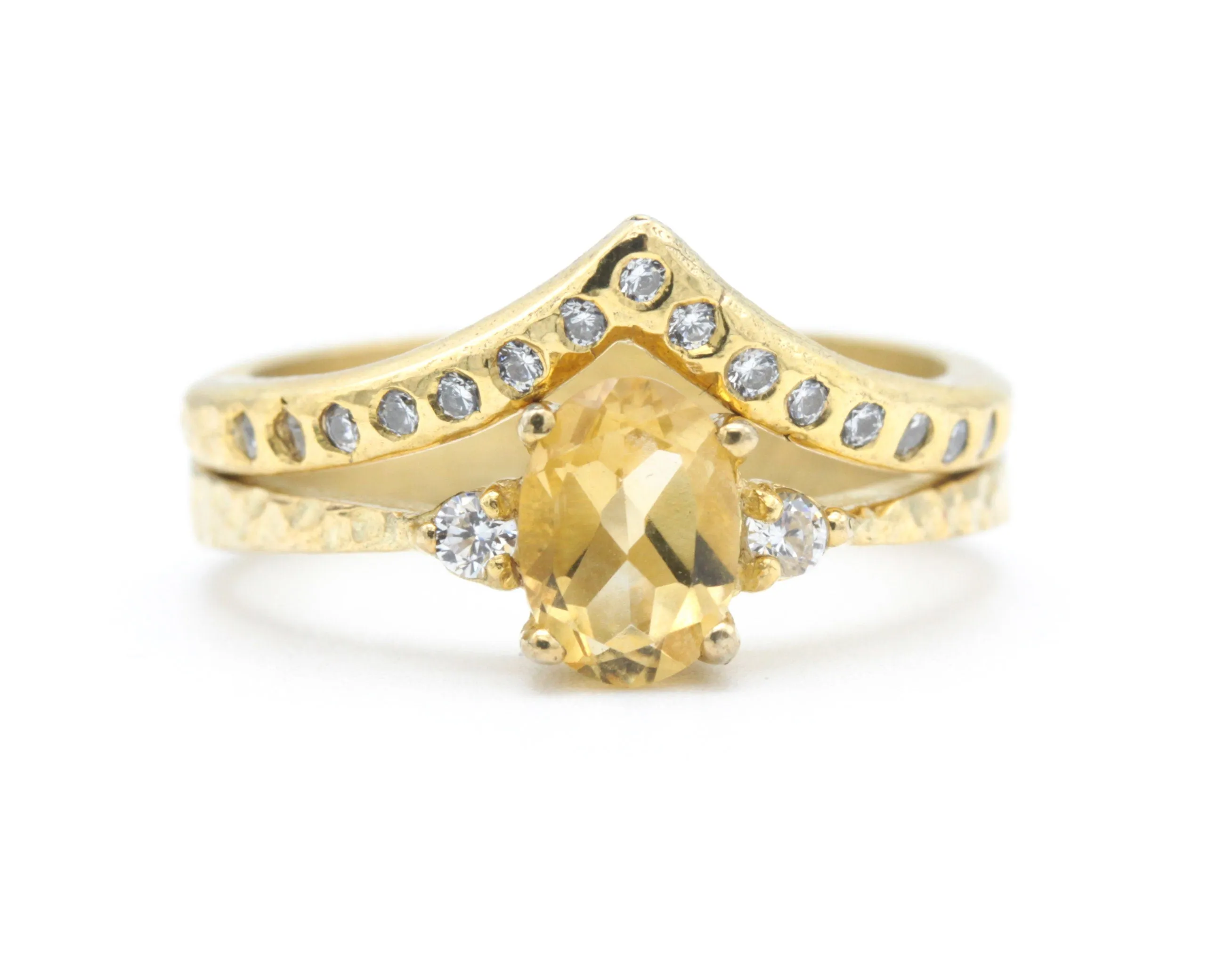 Set of 2 Oval Citrine ring and diamond side set in prongs setting with 14k gold band set with 14k gold band ring and tiny 15 diamond