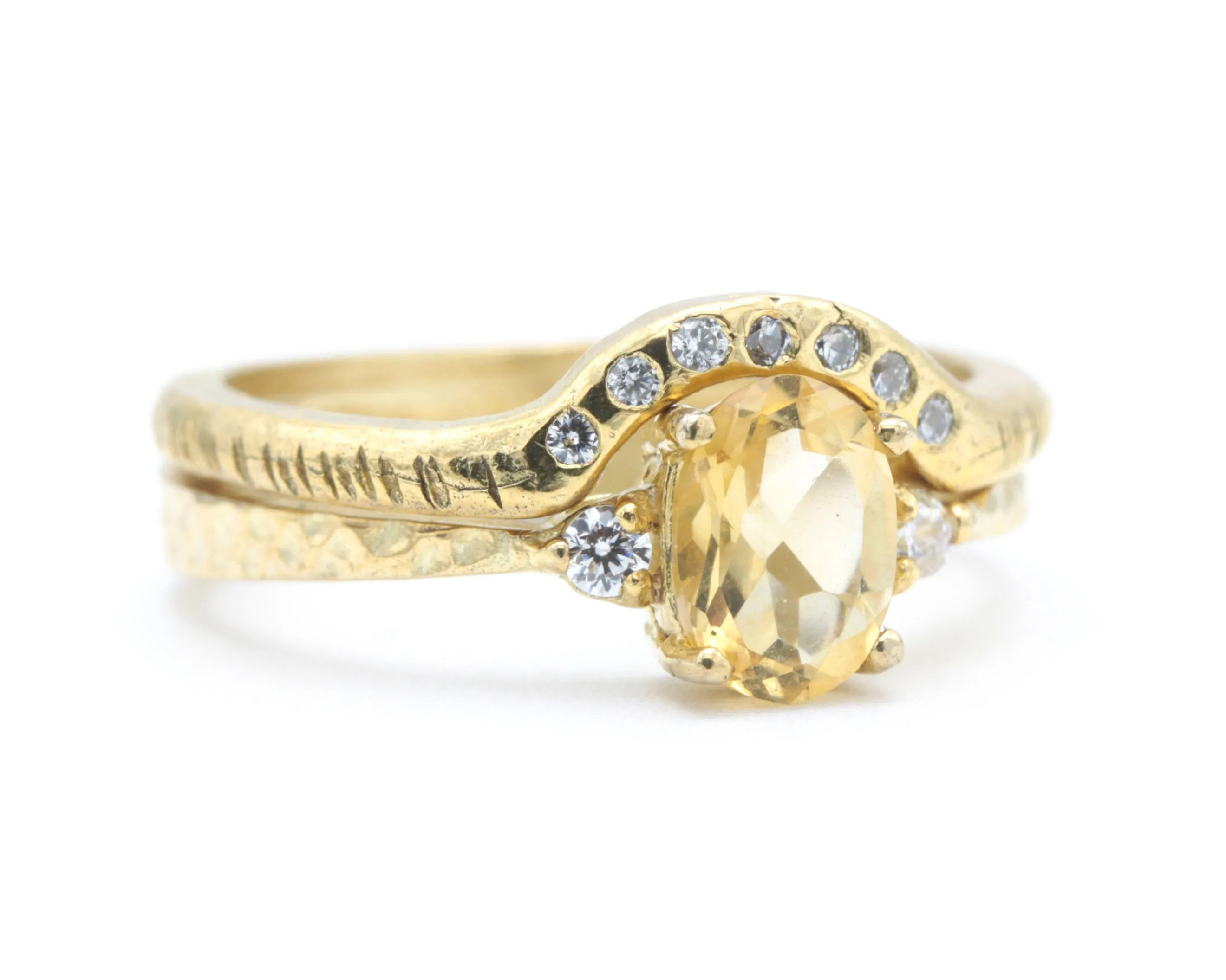 Set of 2 Oval faceted citrine ring with tiny round diamonds side set with 14k gold band ring with tiny 7 diamond on the center