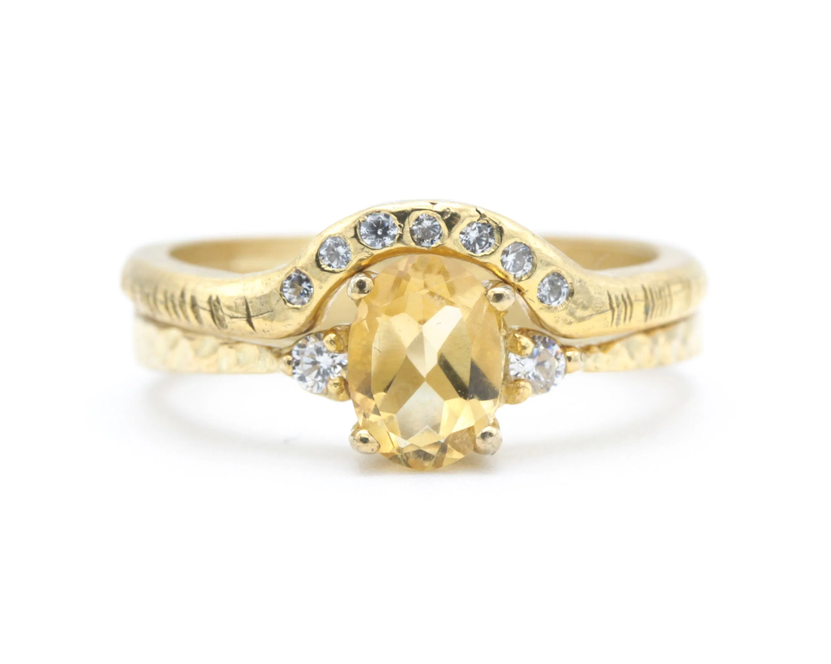 Set of 2 Oval faceted citrine ring with tiny round diamonds side set with 14k gold band ring with tiny 7 diamond on the center