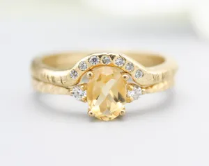 Set of 2 Oval faceted citrine ring with tiny round diamonds side set with 14k gold band ring with tiny 7 diamond on the center