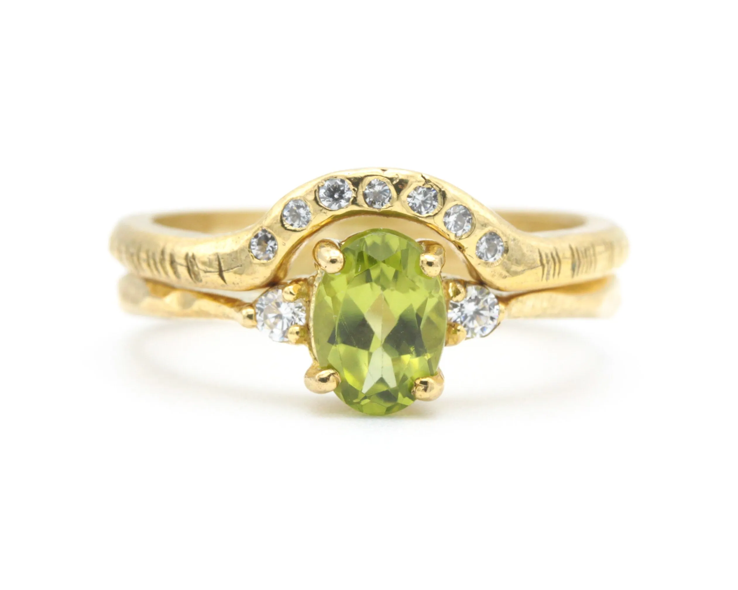 Set of 2 Oval faceted peridot ring with tiny round diamonds side set with 14k gold band ring with tiny 7 diamond on the center