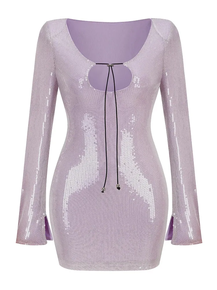 Sexy Luxury Sequins Short Dress Draw String Metal Sequin V-Neck Long Sleeve Bodycon Mini Dress Elegant Party Evening Club Dresses