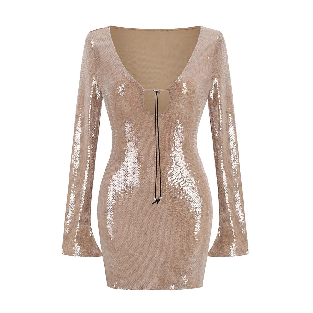 Sexy Luxury Sequins Short Dress Draw String Metal Sequin V-Neck Long Sleeve Bodycon Mini Dress Elegant Party Evening Club Dresses