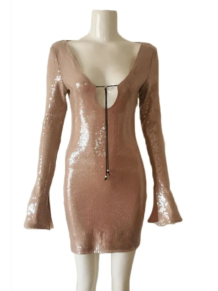 Sexy Luxury Sequins Short Dress Draw String Metal Sequin V-Neck Long Sleeve Bodycon Mini Dress Elegant Party Evening Club Dresses