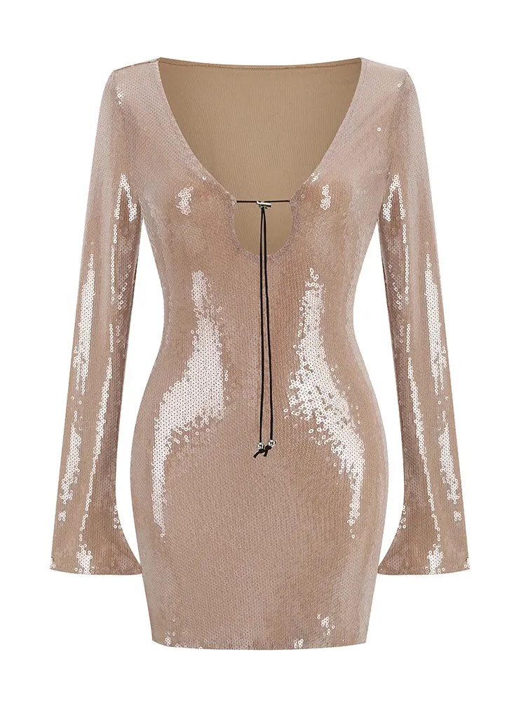 Sexy Luxury Sequins Short Dress Draw String Metal Sequin V-Neck Long Sleeve Bodycon Mini Dress Elegant Party Evening Club Dresses