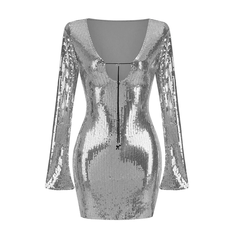 Sexy Luxury Sequins Short Dress Draw String Metal Sequin V-Neck Long Sleeve Bodycon Mini Dress Elegant Party Evening Club Dresses