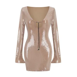 Sexy Luxury Sequins Short Dress Draw String Metal Sequin V-Neck Long Sleeve Bodycon Mini Dress Elegant Party Evening Club Dresses