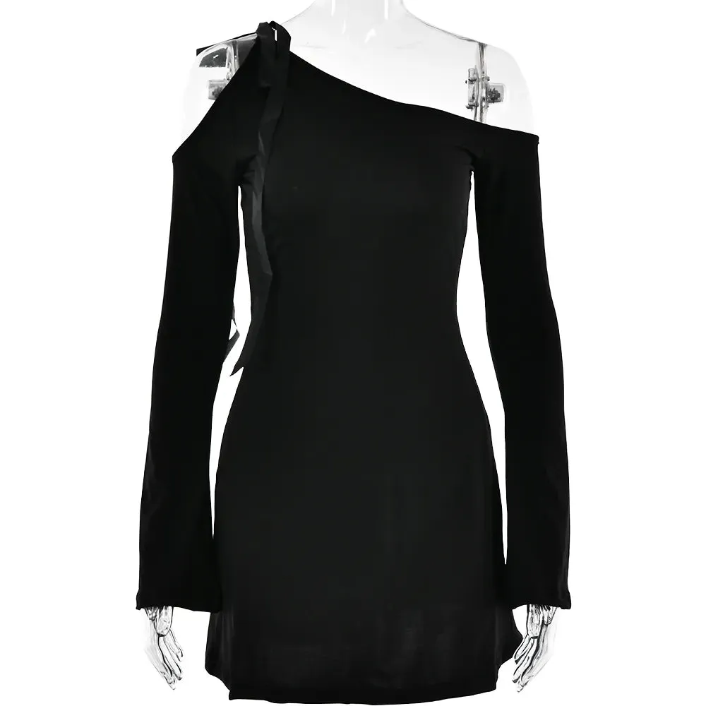 Sexy Strapless Long-sleeve Hollow Out Mini Dress For Women Bandage Slim Inclined Shoulder Dress Party Clubwear