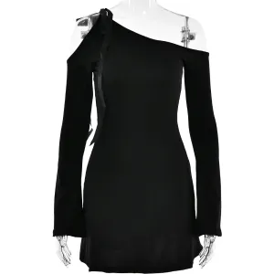 Sexy Strapless Long-sleeve Hollow Out Mini Dress For Women Bandage Slim Inclined Shoulder Dress Party Clubwear