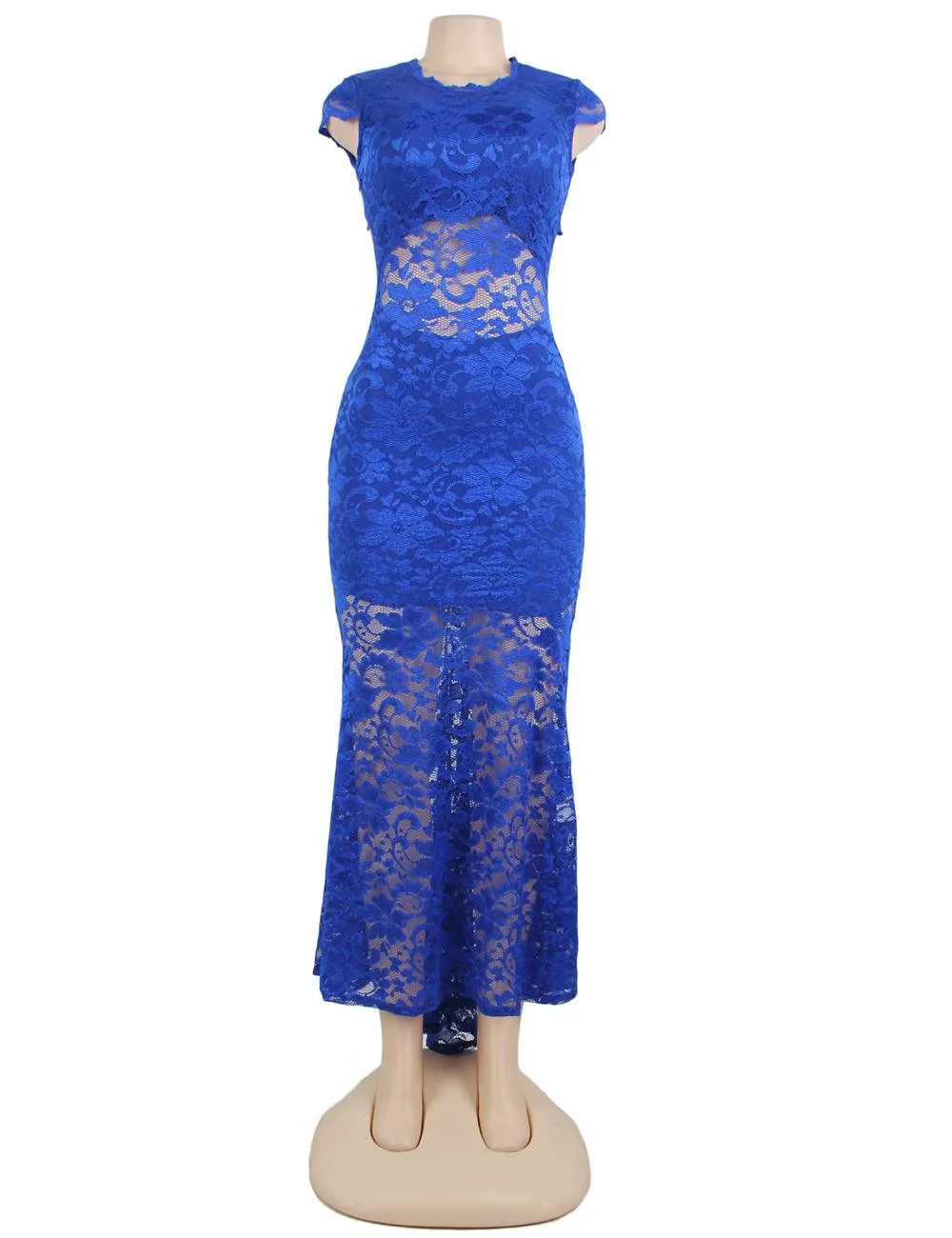 Short Sleeve Black  and Blue Lace Backless Party Gown