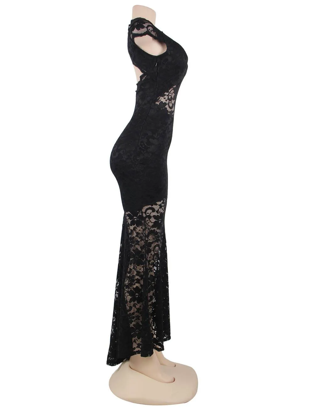Short Sleeve Black  and Blue Lace Backless Party Gown