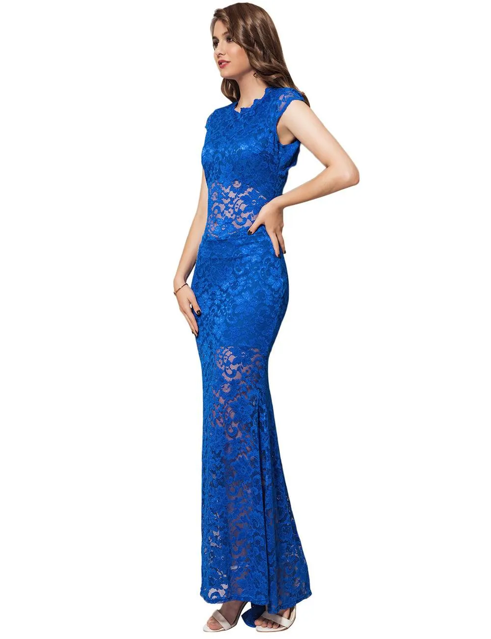 Short Sleeve Black  and Blue Lace Backless Party Gown
