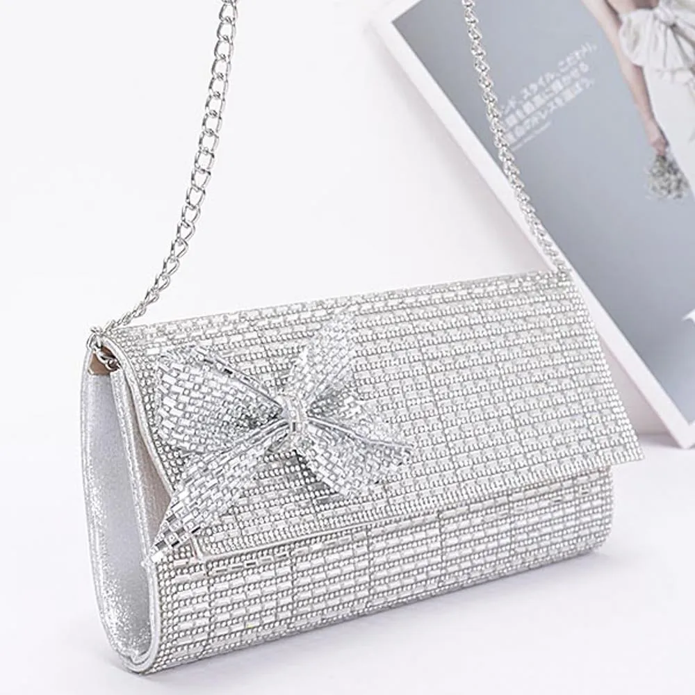 SILVER RHINESTONE PARTY CLUTCH W/ RHINESTONE BOW