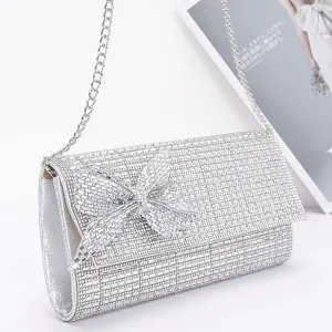 SILVER RHINESTONE PARTY CLUTCH W/ RHINESTONE BOW