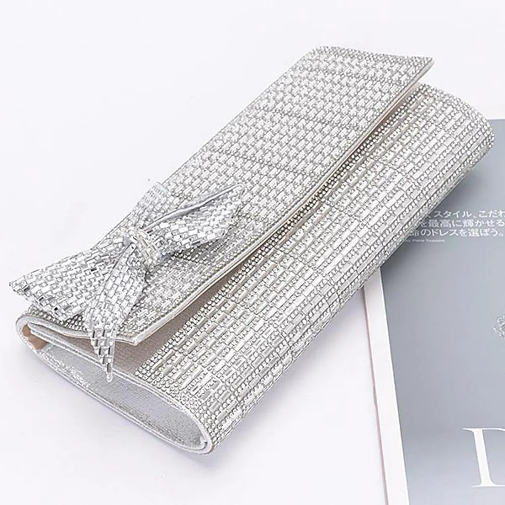 SILVER RHINESTONE PARTY CLUTCH W/ RHINESTONE BOW