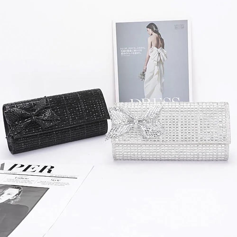 SILVER RHINESTONE PARTY CLUTCH W/ RHINESTONE BOW