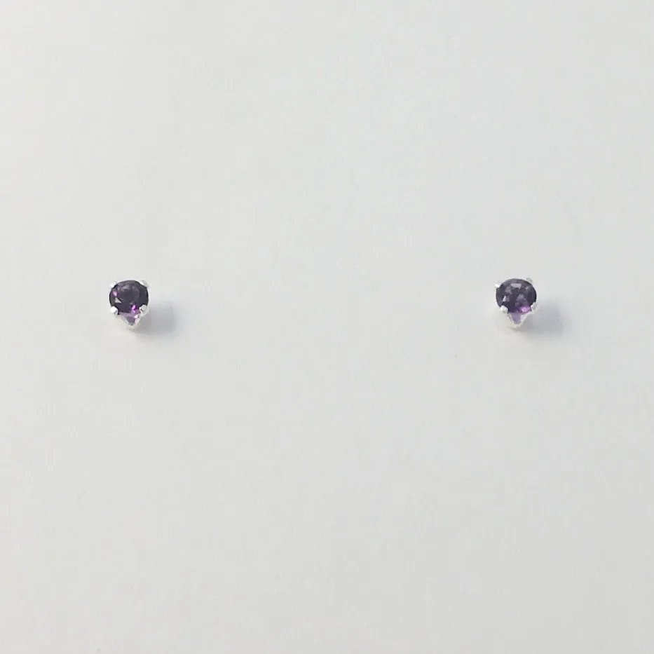 Sterling silver tiny 3mm amethyst stud earrings-studs, purple, February,