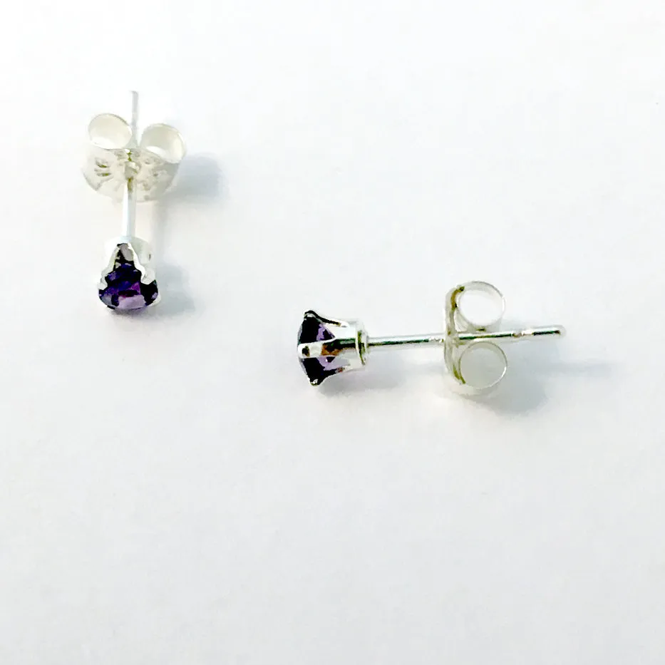 Sterling silver tiny 3mm amethyst stud earrings-studs, purple, February,