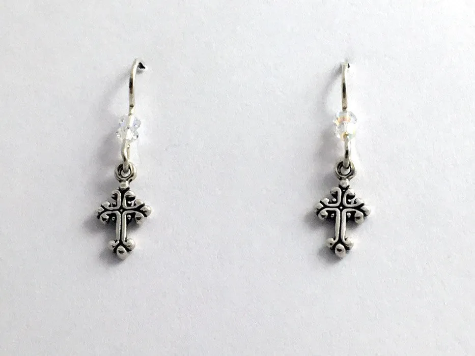 Sterling silver tiny fancy cross dangle earrings-religion, crystal, faith,