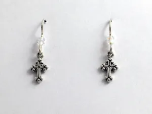 Sterling silver tiny fancy cross dangle earrings-religion, crystal, faith,