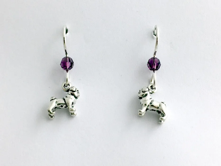 Sterling silver tiny Pug dog dangle earrings-purple glass, -Pugs,dogs,canine