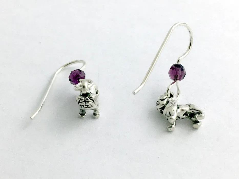 Sterling silver tiny Pug dog dangle earrings-purple glass, -Pugs,dogs,canine