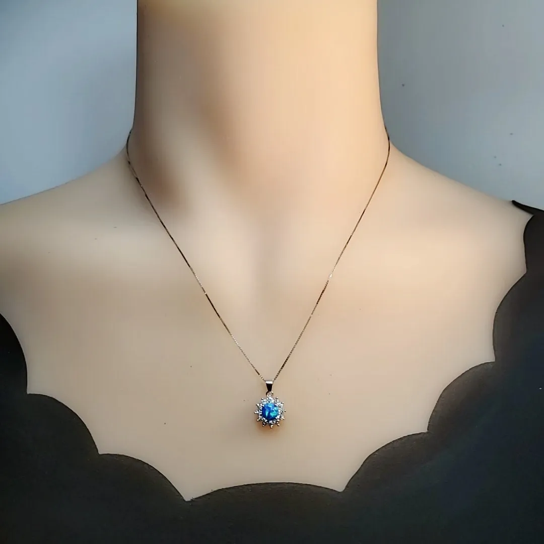Tiny Blue Opal Necklace, Gemstone Sunflower Princess Diana Style Sterling Silver Halo 6 mm Blue Opal Pendant Jewelry #002