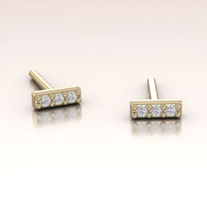 Tiny Diamond Bar Earrings 14K Gold White Diamonds