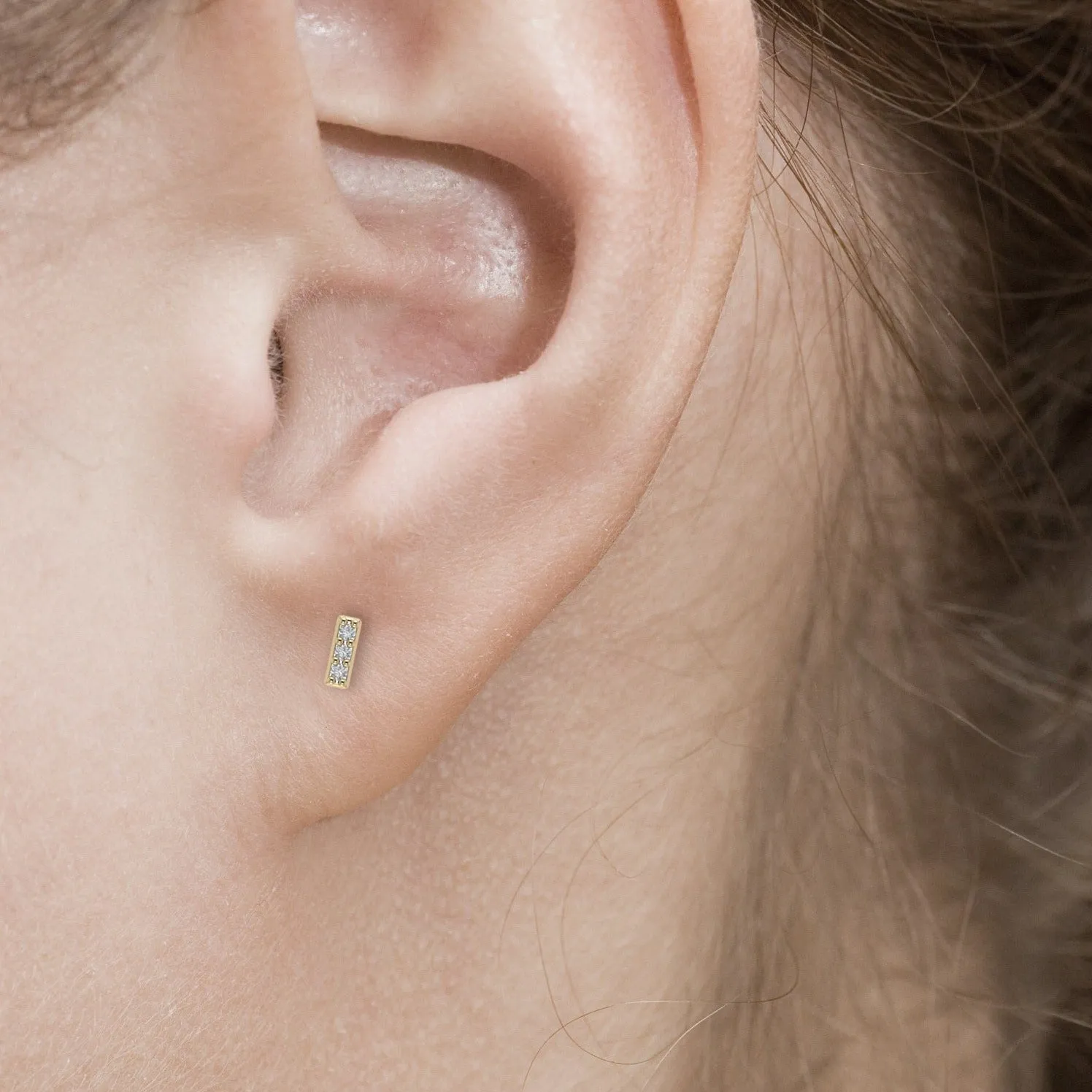 Tiny Diamond Bar Earrings 14K Gold White Diamonds