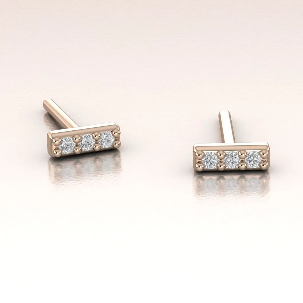 Tiny Diamond Bar Earrings 14K Gold White Diamonds