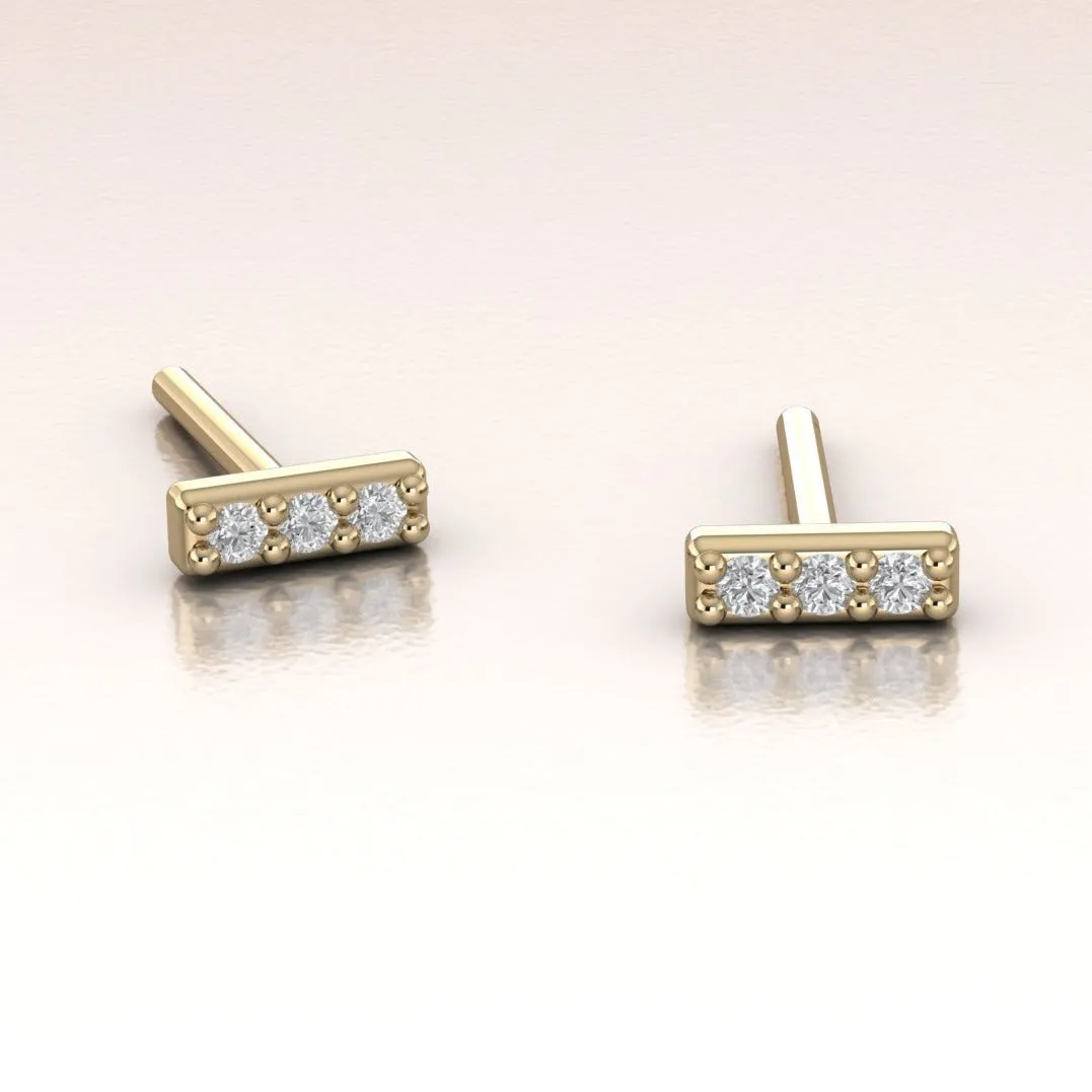 Tiny Diamond Bar Earrings 14K Gold White Diamonds