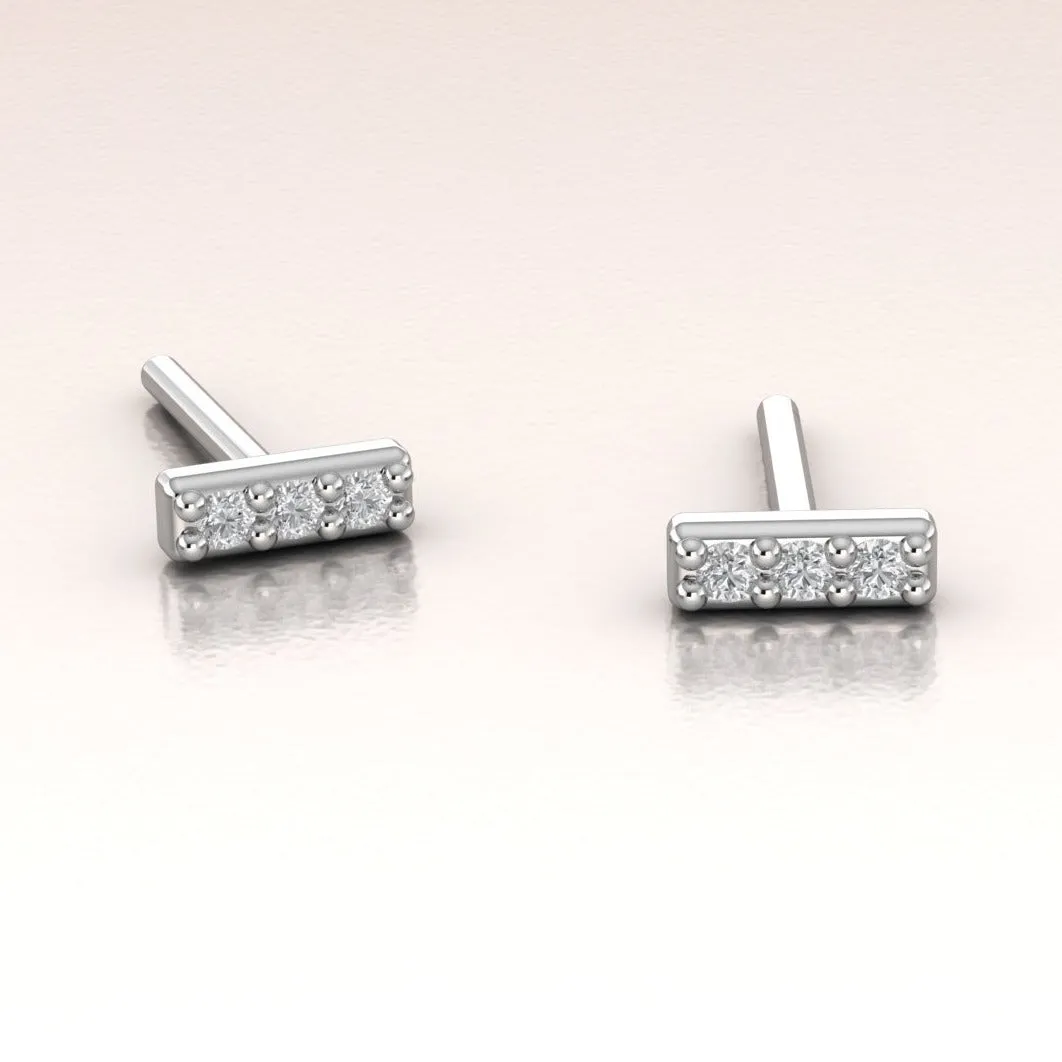 Tiny Diamond Bar Earrings 14K Gold White Diamonds