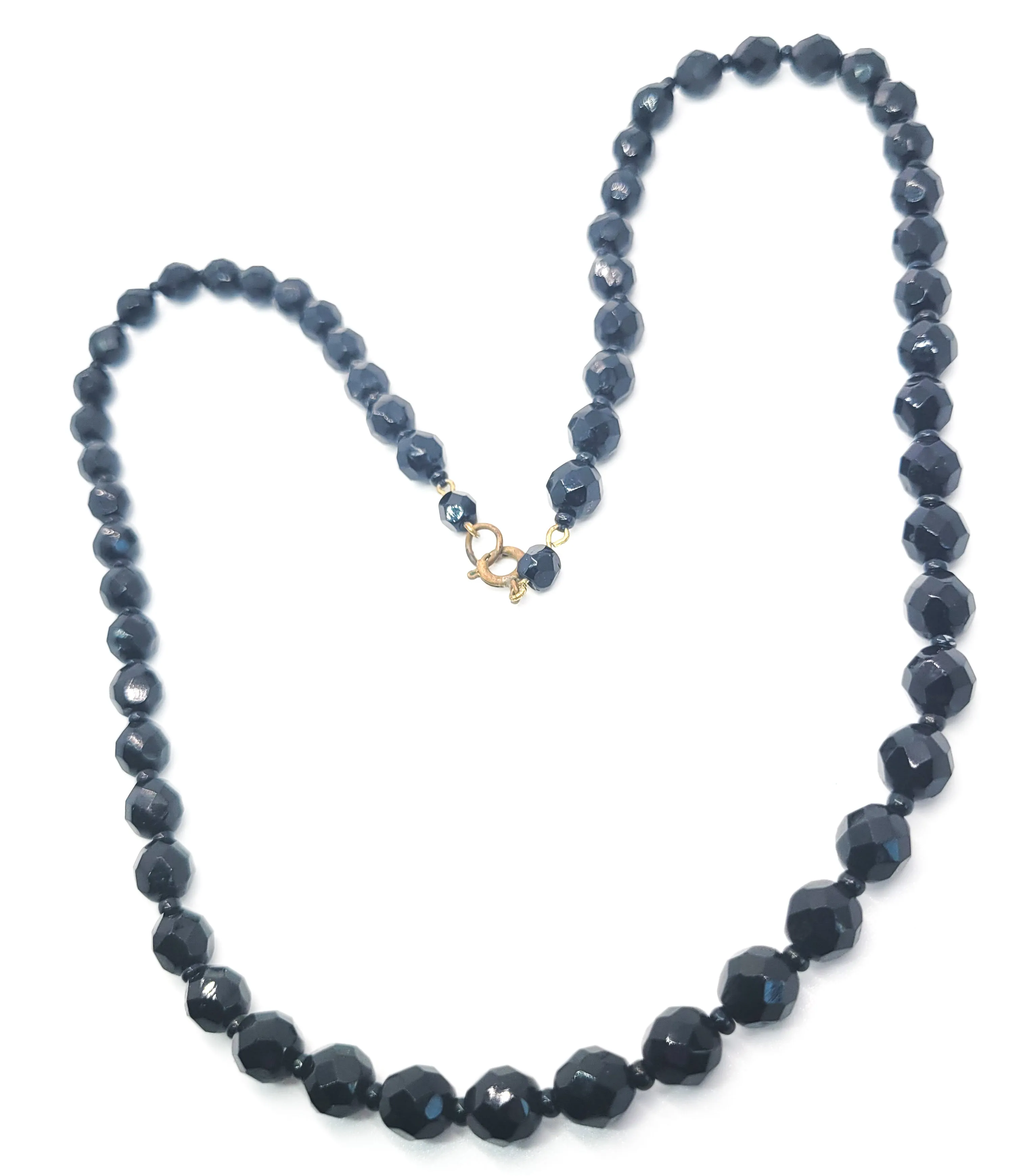 Vintage Faceted Long molded glass Black beaded silk strung necklace