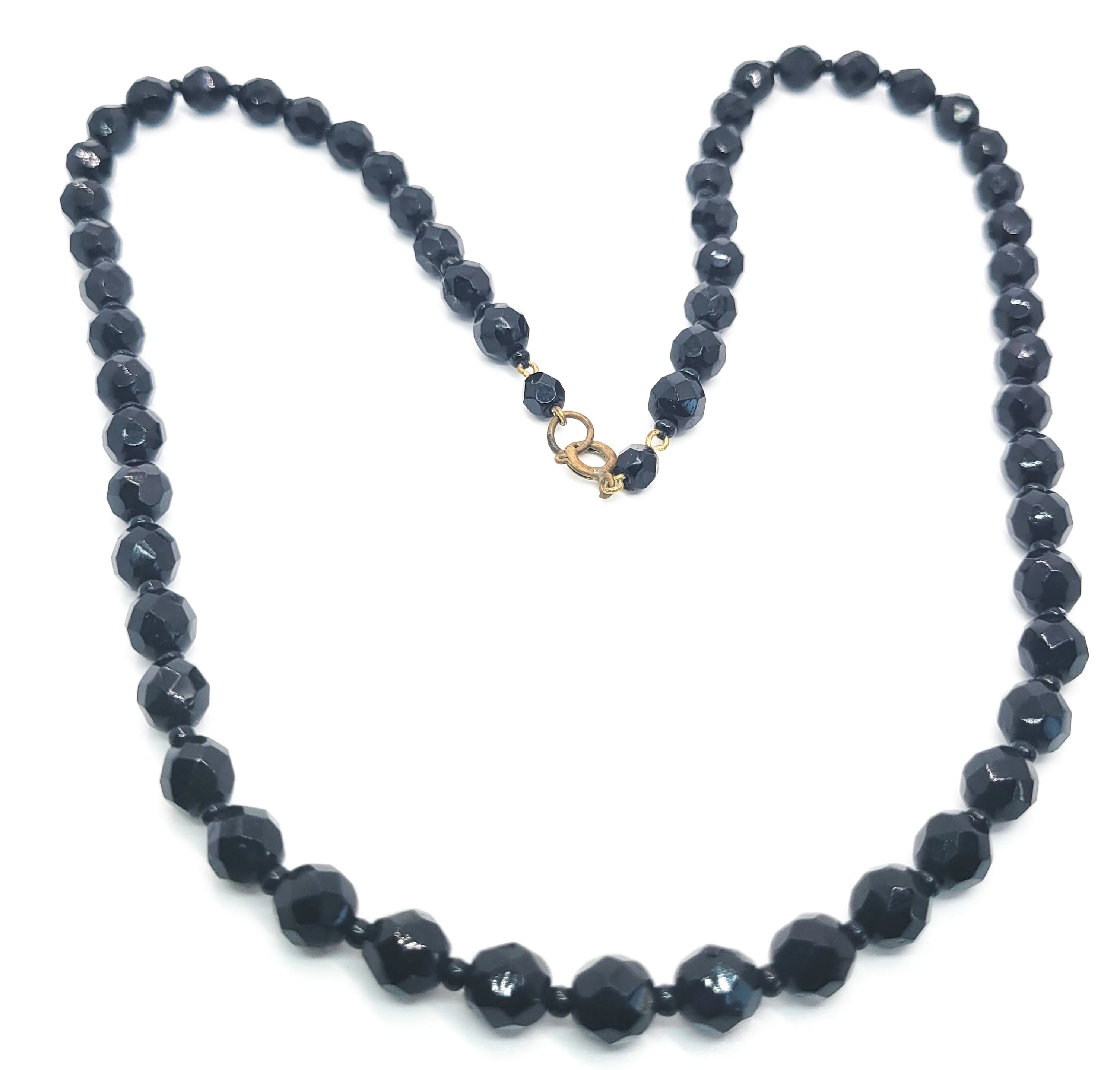 Vintage Faceted Long molded glass Black beaded silk strung necklace