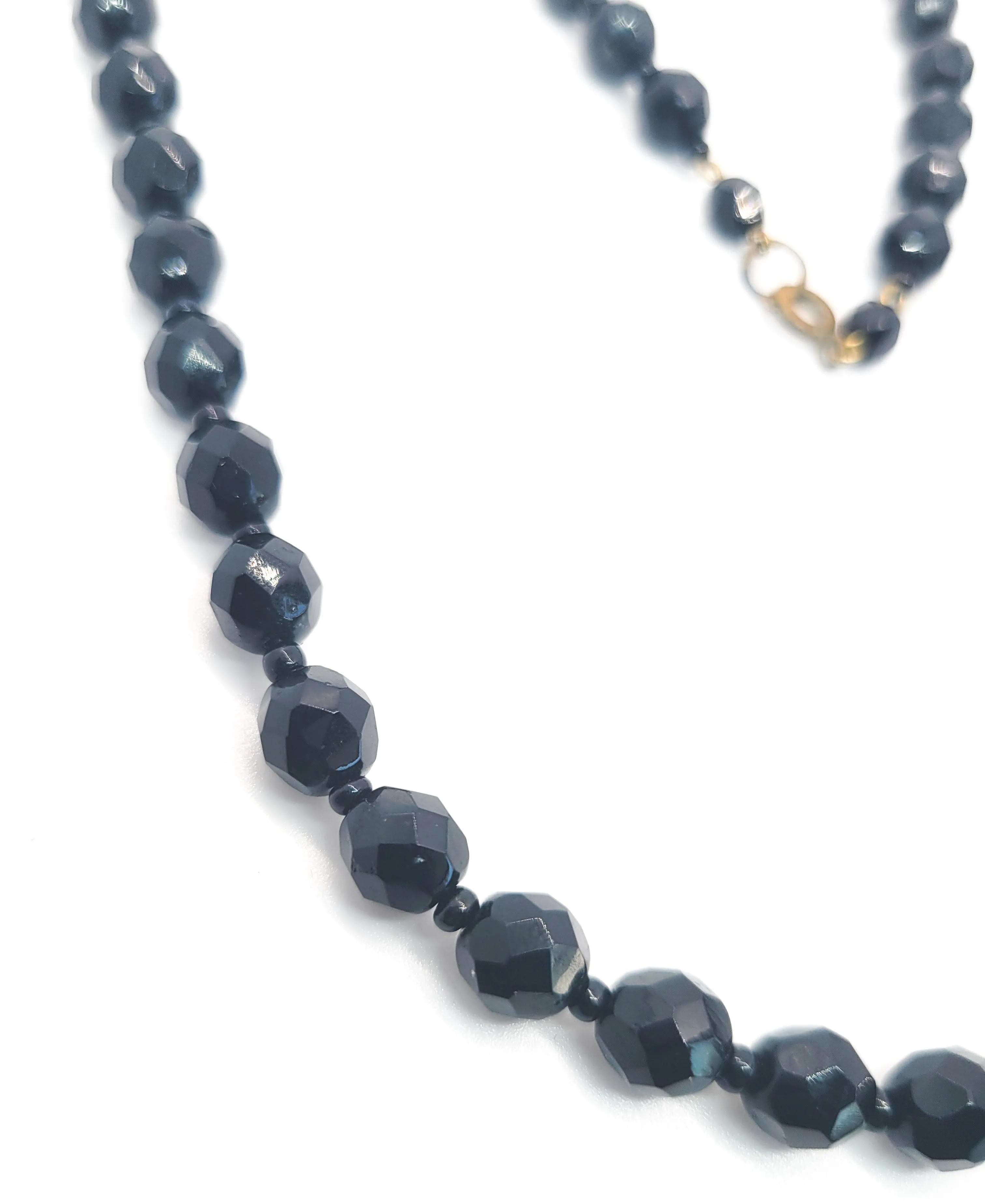 Vintage Faceted Long molded glass Black beaded silk strung necklace