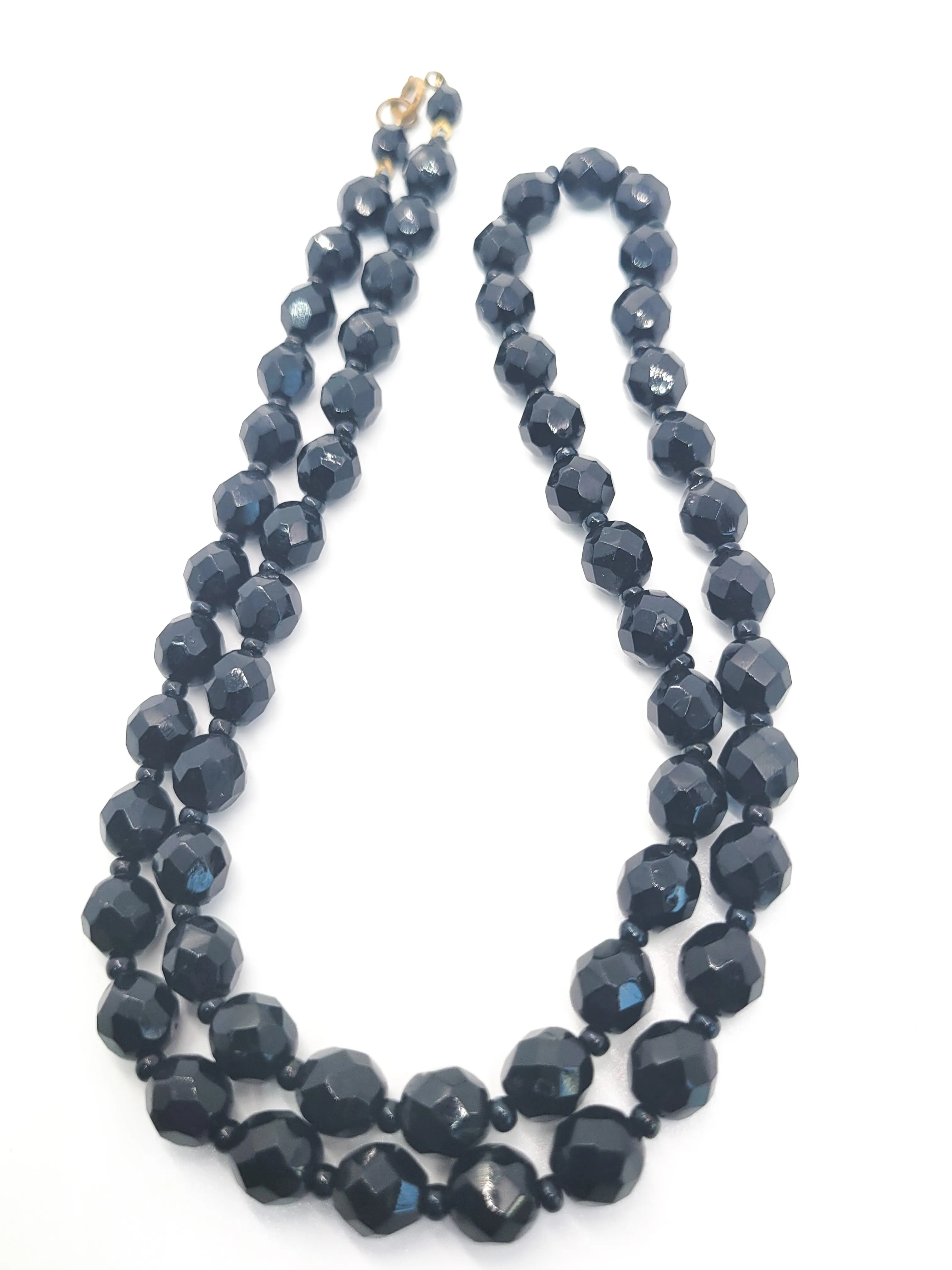 Vintage Faceted Long molded glass Black beaded silk strung necklace