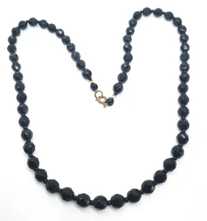 Vintage Faceted Long molded glass Black beaded silk strung necklace