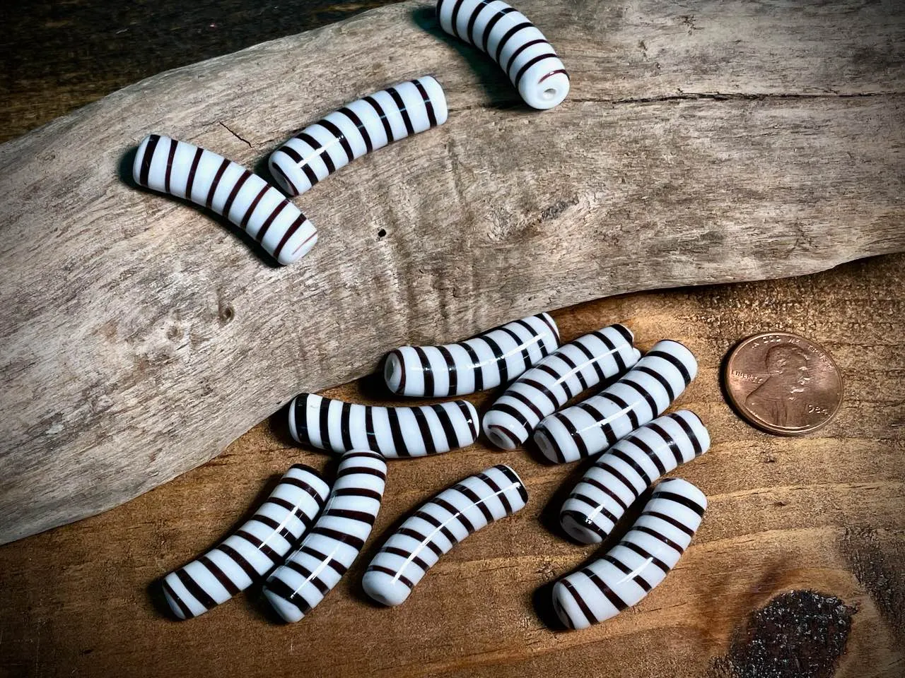 Vintage Japanese Glass—Brown & White Macaroni Glass Bead—30mm x 8mm