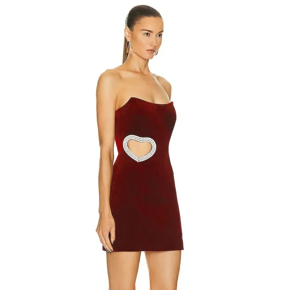 Wine Red Heart Shaped Diamond Tube Top Dress - Womens Elegant Evening Wear